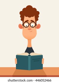 Funny Cartoon Character. Nerd Reading a Book. Vector Illustration