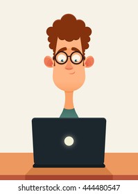 Funny Cartoon Character. Nerd Working With Laptop. Vector Illustration