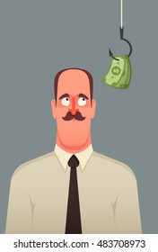 Funny Cartoon Character. Office Worker Looking at the Money on Hook. Vector Illustration