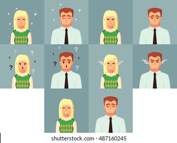 Funny Cartoon Character. Office Worker Calm Sad happy Angry confused. Vector illustration