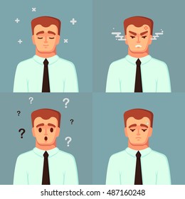 Funny Cartoon Character. Office Worker Calm Sad Angry confused. Vector Illustration