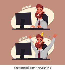 Funny Cartoon Character. Office Worker on Monday and Friday. Vector Illustration