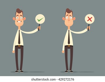 Funny Cartoon Character, Office Workers Holding Right and Wrong Signs. Vector Illustration