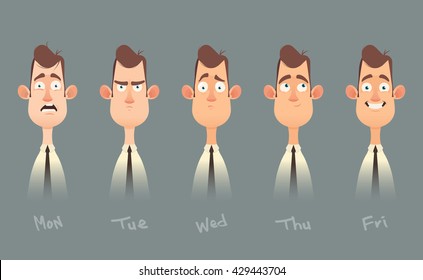 Funny Cartoon Character. Office Worker's Emotions From Monday To Friday. Vector Illustration
