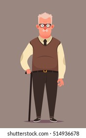 Funny Cartoon Character. Old Man With Walking Stick. Vector Illustration