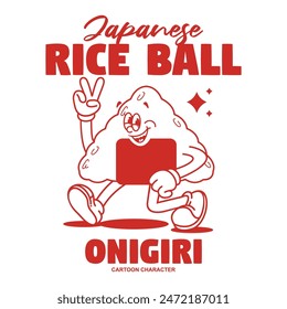 Funny cartoon character of onigiri japanese food. Can be used as Sticker, posters, prints. Retro cartoon style. Vector illustration