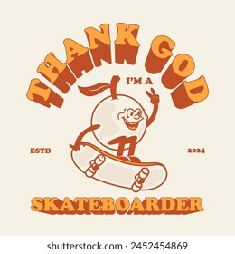 Funny cartoon character of orange fruit, skateboarder. Can be used as Sticker, posters, prints. Retro cartoon style. Vector illustration