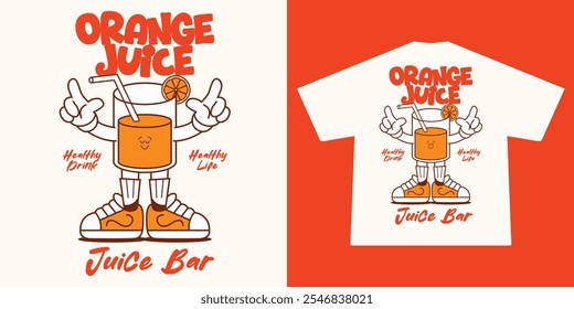 Funny cartoon character of orange fruit. Can be used as Sticker, posters, prints. Retro cartoon style. Vector illustration