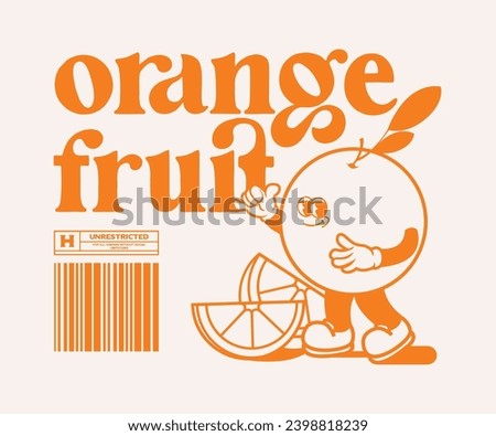 Funny cartoon character of orange fruit. Can be used as Sticker, posters, prints. Retro cartoon style. Vector illustration