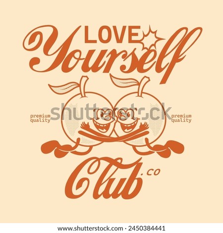 Funny cartoon character of orange fruit embrace. Can be used as Sticker, posters, prints. Retro cartoon style. Vector illustration