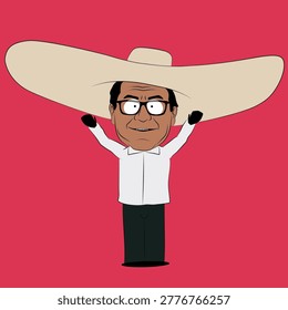 Funny cartoon character with oversized hat meme style vector illustration.