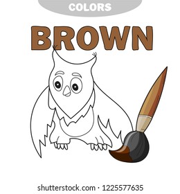 Funny cartoon character owl. Vector isolated coloring book. Contour on a white background. Learn the color - brown
