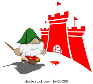 funny cartoon character with paintbrush painting the castles.vector illustration