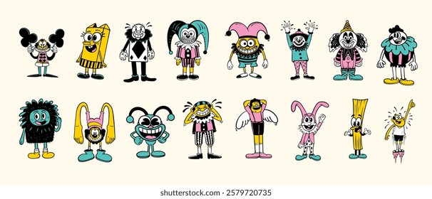 Funny cartoon character. Party mascot vector set for event, t-shirt design illustration. Cartoon bundle