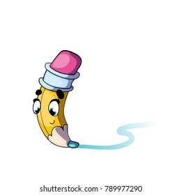 funny cartoon character pencil in a hurry, leaves a trail behind.