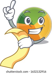 A funny cartoon character of pie chart with a menu