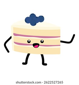 Funny cartoon character piece of birthday cake isolated on white background. Vector illustration