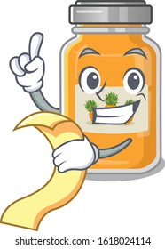 A funny cartoon character of pineapple jam with a menu