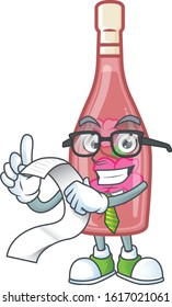 A funny cartoon character of pink bottle wine with a menu