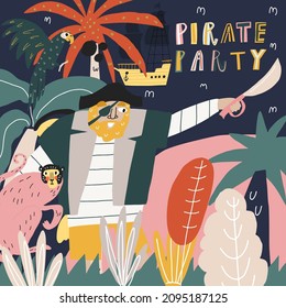 Funny cartoon character pirate with sword. Island background, plant, lettering pirate party. Vector postcard print, book page design