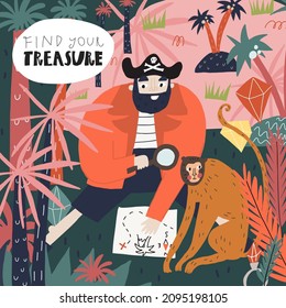 Funny cartoon character pirate with treasure map and monkey. Pirate island, plant, lettering. Vector postcard print, book page design