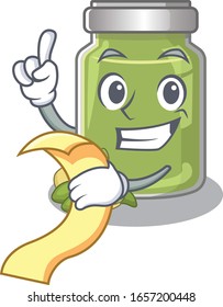 A funny cartoon character of pistachio butter holding a menu