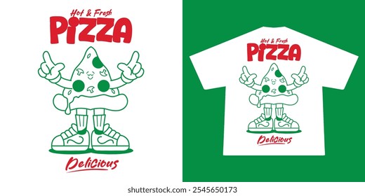 Funny cartoon character of pizza. Can be used as Sticker, posters, prints. Retro cartoon style. Vector illustration