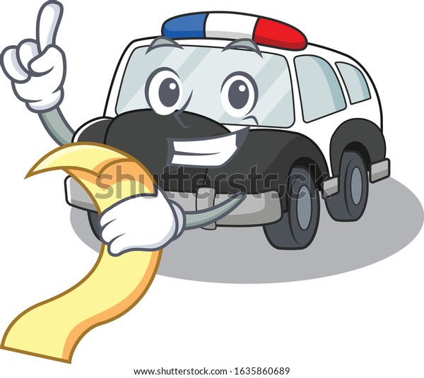 A\
funny cartoon character of police car holding a\
menu