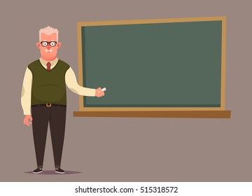 Funny Cartoon Character. Professor Standing Near the Blackboard. Vector Illustration