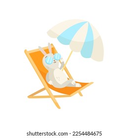 Funny cartoon character rabbit sunbathing on lounge chair isolated on white background. Cute comic animal relaxing on beach vector illustration. Summer, holiday, wildlife concept