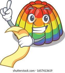 A funny cartoon character of rainbow jelly holding a menu