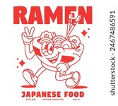 Funny cartoon character of ramen japanese food. Can be used as Sticker, posters, prints. Retro cartoon style. Vector illustration
