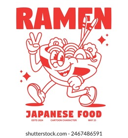 Funny cartoon character of ramen japanese food. Can be used as Sticker, posters, prints. Retro cartoon style. Vector illustration