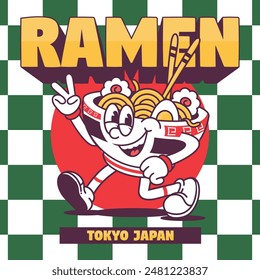 Funny cartoon character of ramen japanese food. Can be used as Sticker, posters, prints. Retro cartoon style. Vector illustration