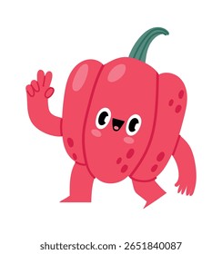 Funny cartoon character of a red bell pepper waving hand with a happy expression, perfect for healthy eating projects or children illustrations