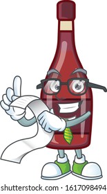A funny cartoon character of red bottle wine with a menu