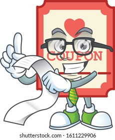 A funny cartoon character of red love coupon with a menu