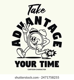 Funny cartoon character of ringing clock. Can be used as Sticker, posters, prints. Retro cartoon style. Vector illustration