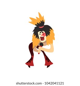 Funny cartoon character of rock singer with crazy hair and make up on face. Man singing into microphone. Musician performing on stage. Colorful flat vector design