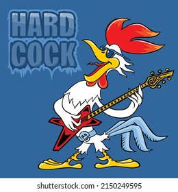 Divertido personaje de dibujos animados músico de afiche. El gallo de caricatura toca la guitarra. Dibujo vectorial de un cóctel de dibujos animados. Cartel sobre el fondo del texto - HARD COCK.