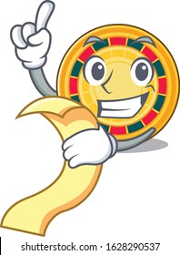 A funny cartoon character of roulette with a menu