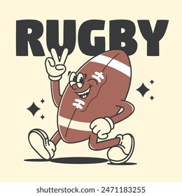 Funny cartoon character of rugby ball. Can be used as Sticker, posters, prints. Retro cartoon style. Vector illustration