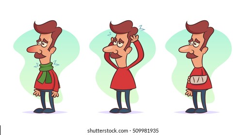 Funny Cartoon Character. Sad Man with Sore Throat, Headache and Broken Arm. Vector Set