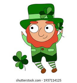 Funny cartoon character Saint Patrick with shamrocks stock vector illustration. Ireland's saint patron cartoon clipart white isolated. Happy St. Patrick's Day colorful illustration. One of a series