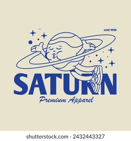 Funny cartoon character of saturn planet. Can be used as Sticker, posters, prints. Retro cartoon style. Vector illustration