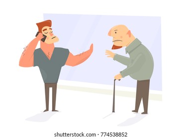 Funny cartoon character security. The guard forbids to enter the old man. Comic style.