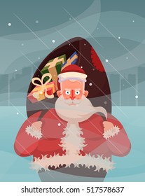 Funny Cartoon Character. Serious Santa Claus Working on Christmas Night. Vector Illustration