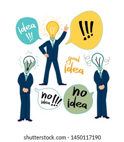 Funny cartoon character. Set of office worker with a broken and continuous light bulb instead of his head. Vector illustration