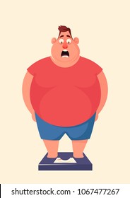 Funny Cartoon Character. Shocked Fat Man Standing on Scales. Vector Illustration