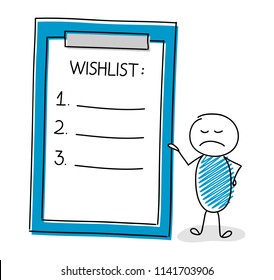 Funny cartoon character showing clipboard with wishlist. Vector